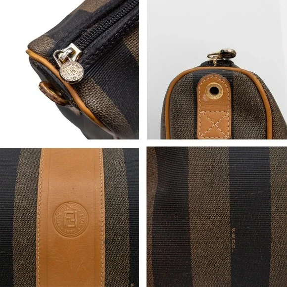 Fendi Vintage Pequin Stripe Coated Canvas Crossbody Shoulder‎ Bag Brown Tan